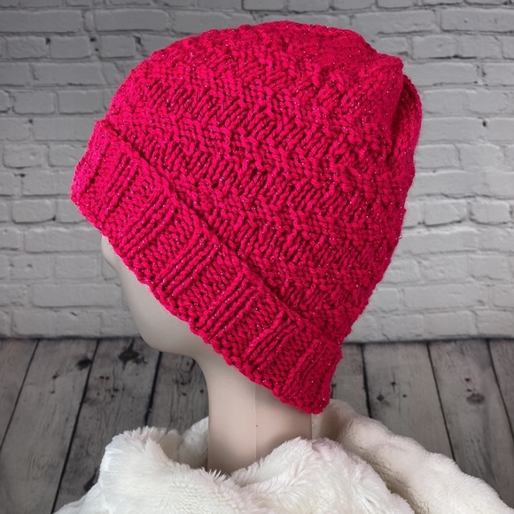 Homemade Metallic Hot Pink Crocheted Knit Yarn Hat - Picture 3 of 11